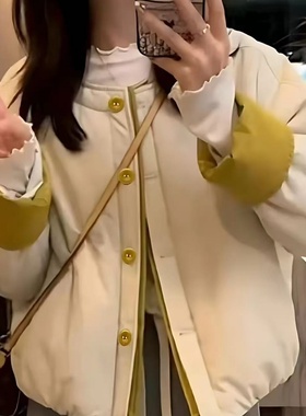 韩系撞色圆领棉服外套女2025秋冬新款棉袄加厚上衣小个子百搭棉衣