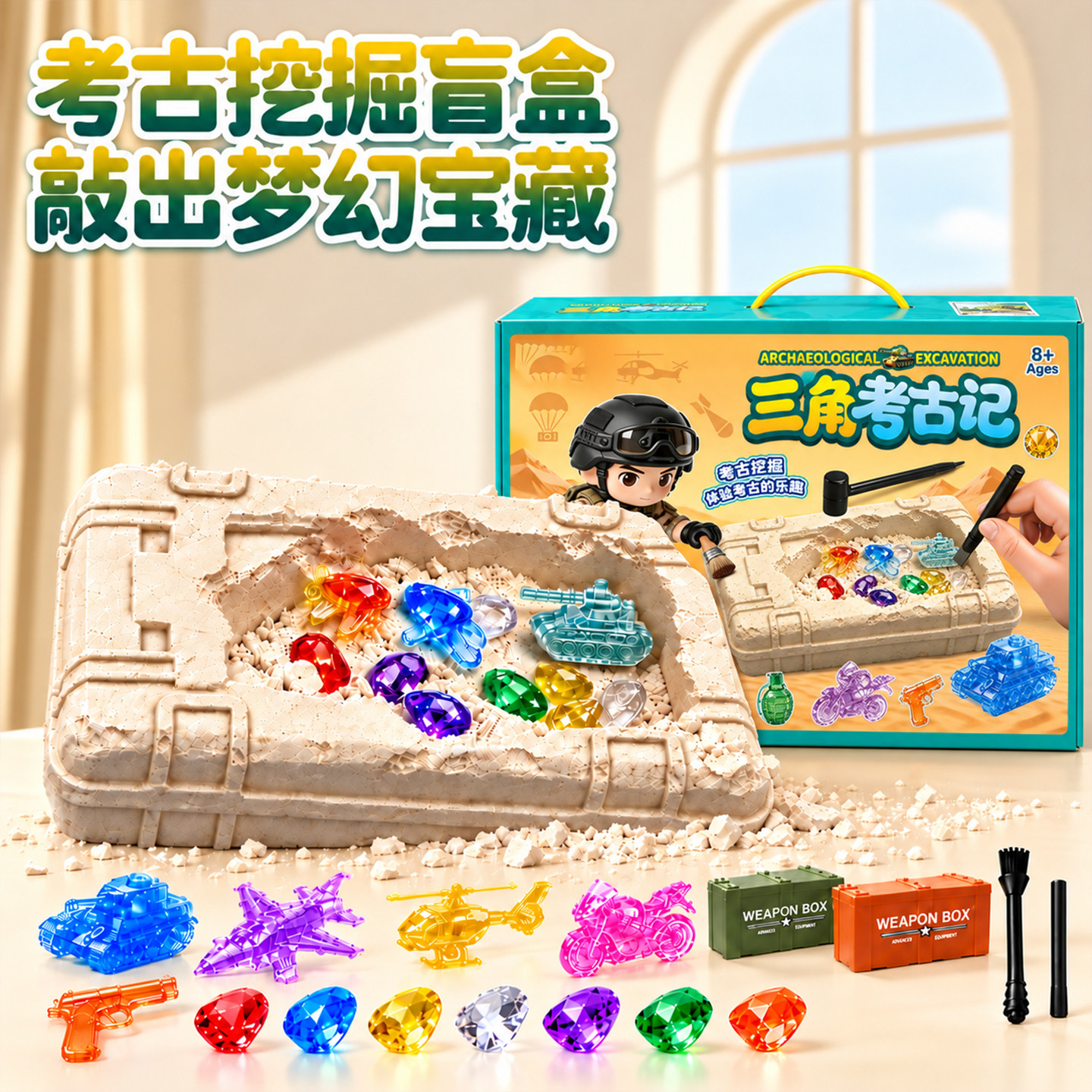 儿童考古挖掘玩具挖宝石男孩手工diy挖宝藏石膏寻宝宝石考古挖掘