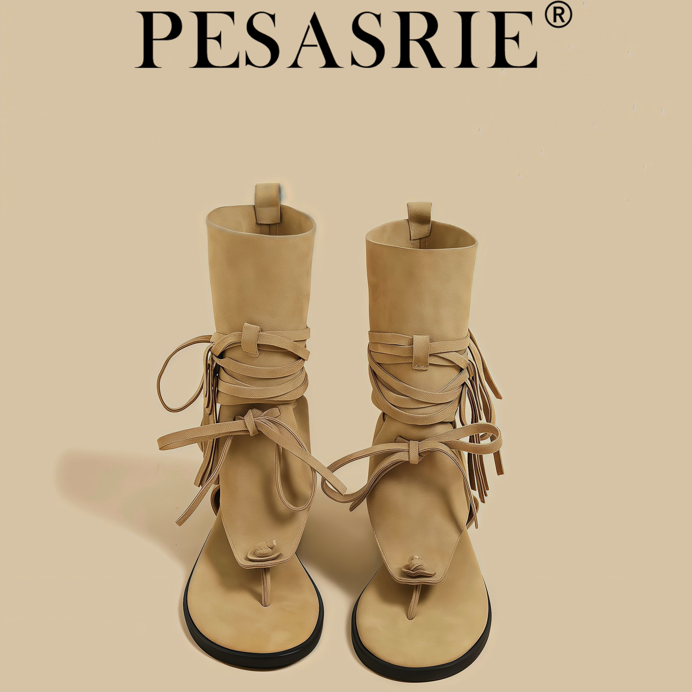 PESASRIE/柏萨尼高档轻奢凉鞋2026年新款复古软底流苏绑带女凉鞋