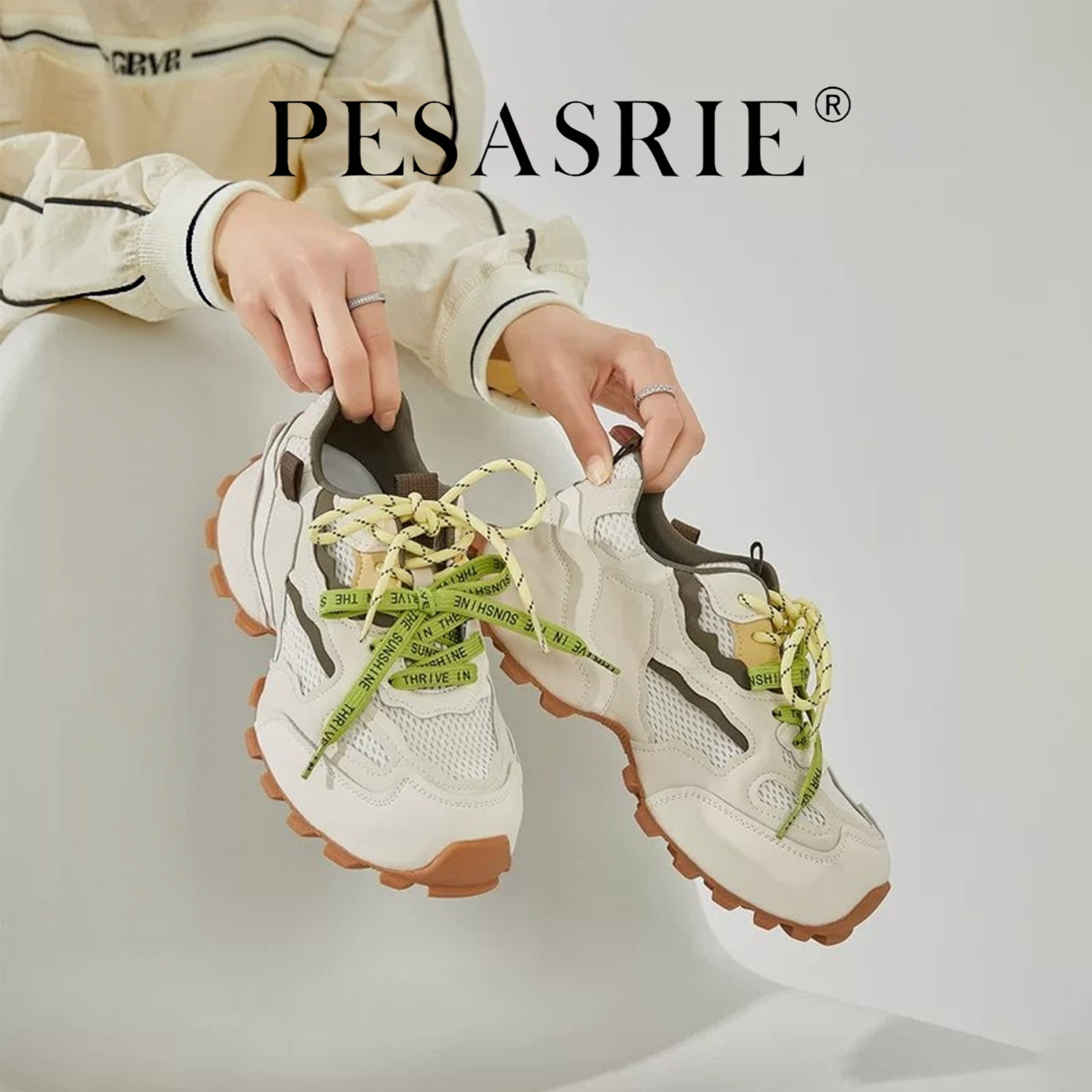 PESASRIE/柏萨尼双鞋带网面老爹鞋撞色复古不闷脚厚底增高女运动