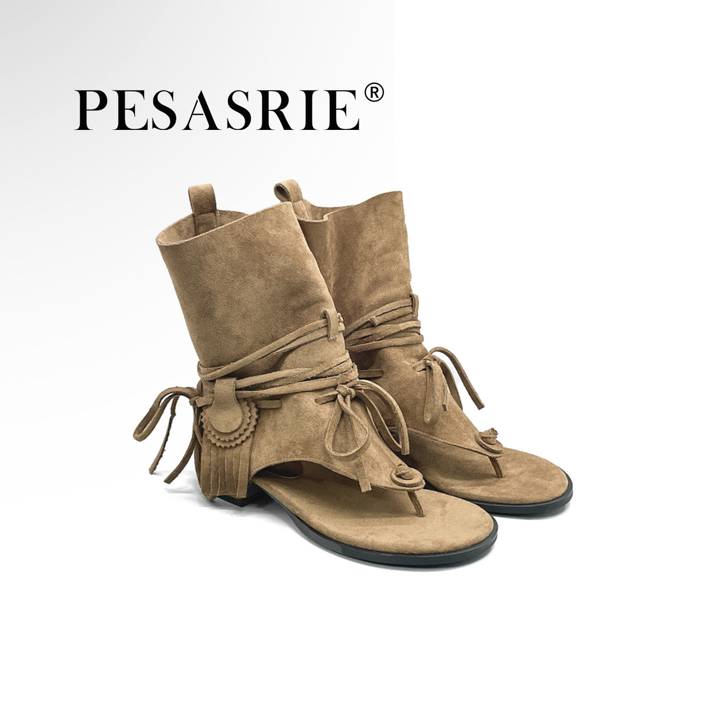 PESASRIE/柏萨尼高档轻奢凉鞋2026年新款复古软底流苏绑带女凉鞋