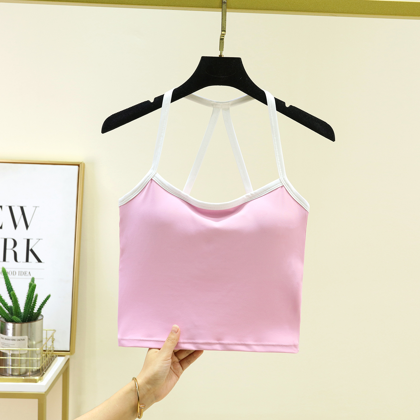 三角美背瑜伽背心女裸感撞色镂空