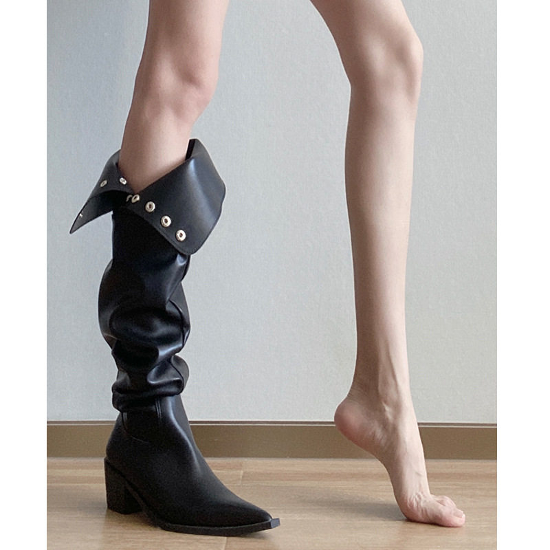 软皮版！过膝长靴女小众设计两穿堆堆靴高筒骑士靴粗跟西部牛仔靴,女鞋,骑士靴,淘宝优惠券,粉丝福利购,淘宝优惠卷