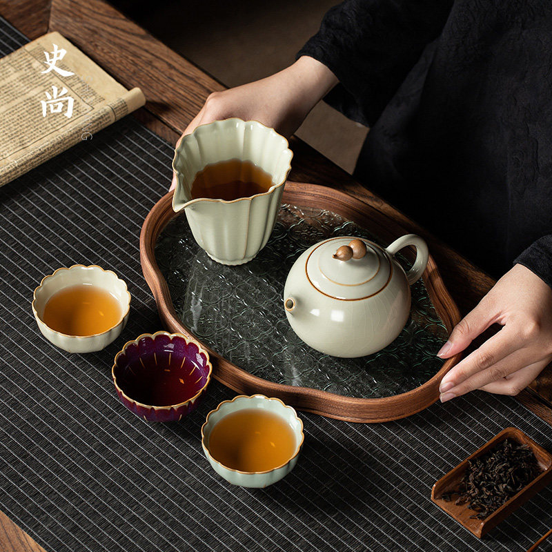 豆黄汝窑冰裂釉手抓壶陶瓷泡茶壶茶杯带茶盘家用功夫茶具套装旅行