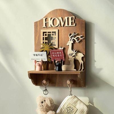 创意进门口墙上装饰挂钩免打孔入户玄关钥匙挂钩挂架收纳实木置物