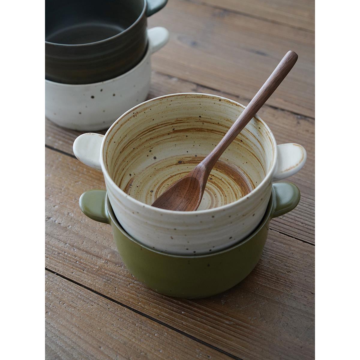 然而家 日式粗陶双耳汤碗手作日式复古面碗圆形甜品水果碗盘家用