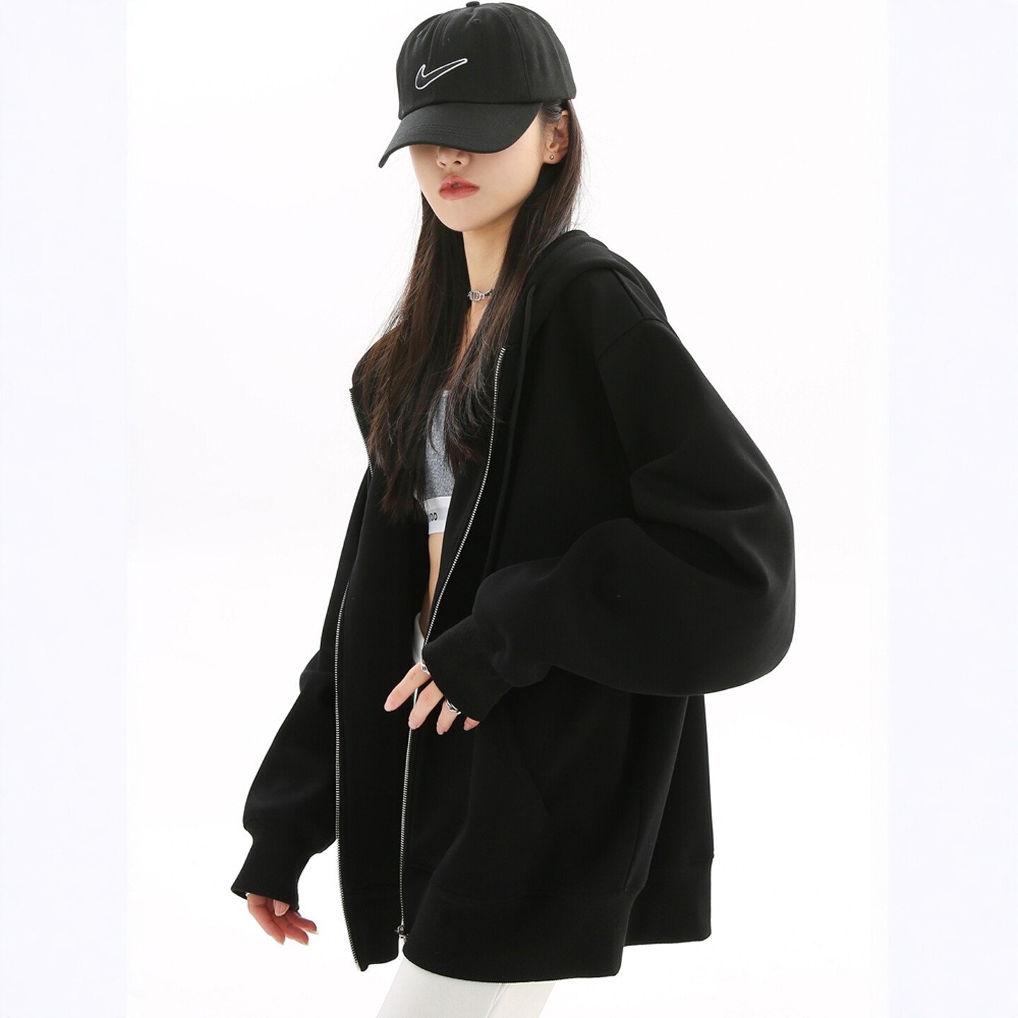 潮牌美式黑色连帽开衫外套女春秋季2025年新款韩版宽松拉炼款上衣