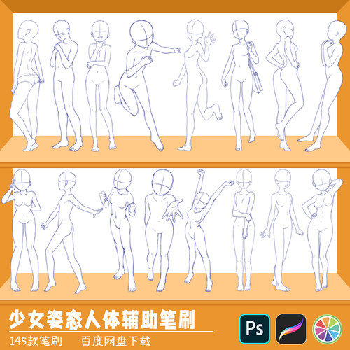 日系少女人体辅助线动作姿态线稿procreate画笔SAI2/PS笔刷素材