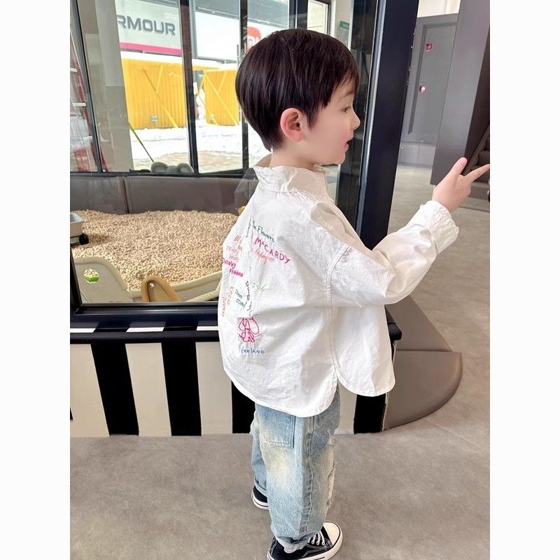 男童春装衬衫2024新款儿童绣花白色长袖衬衣男孩春秋款帅气衣服潮