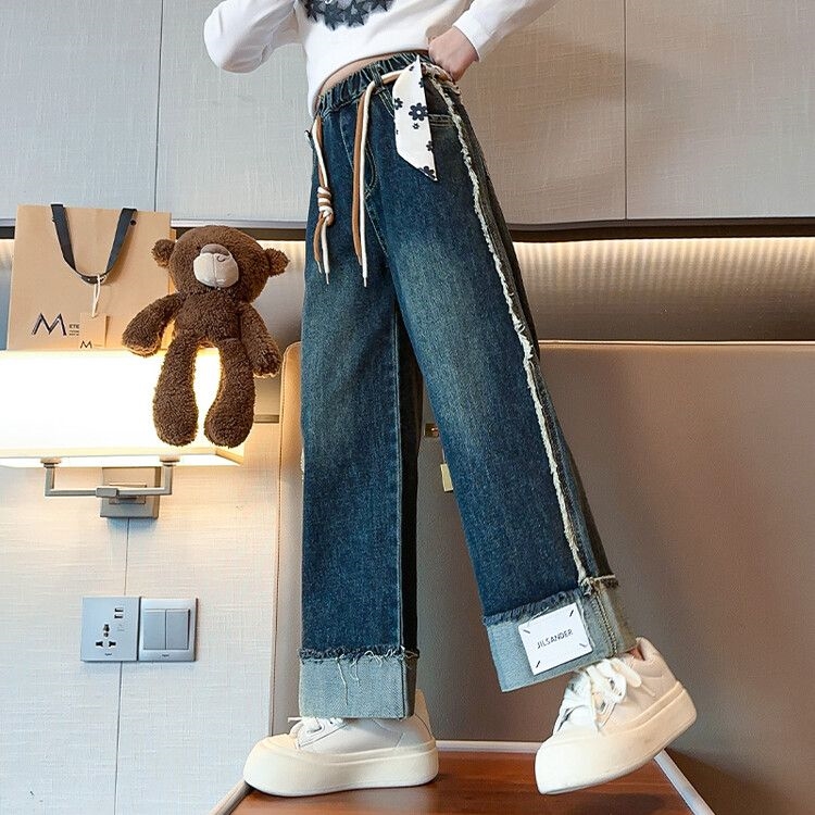 女童牛仔裤秋冬款2025新款中大童洋气宽松阔腿裤加绒加厚儿童裤子