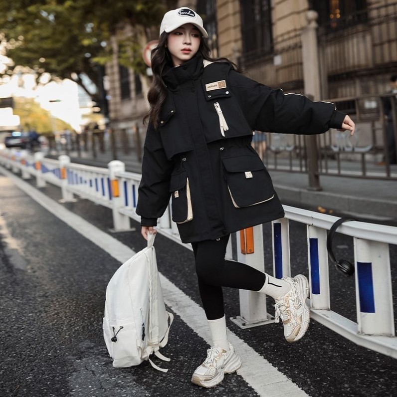 女童羽绒服2025冬装新品中大童抽绳收腰中长款加厚保暖外套