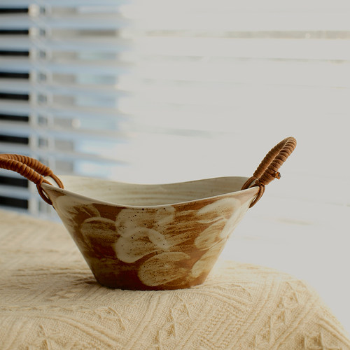 日式粗陶手工麻绳双耳碗家用