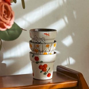川泽烧哑光粗陶宽口杯子日式复古手握杯创意手绘燕麦杯早餐杯家用