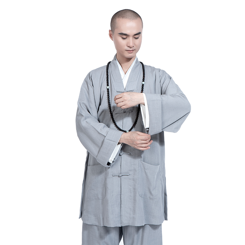 缎梵棉麻僧服男女款短套僧衣四季出家人和尚衣小褂藏青蓝色套装