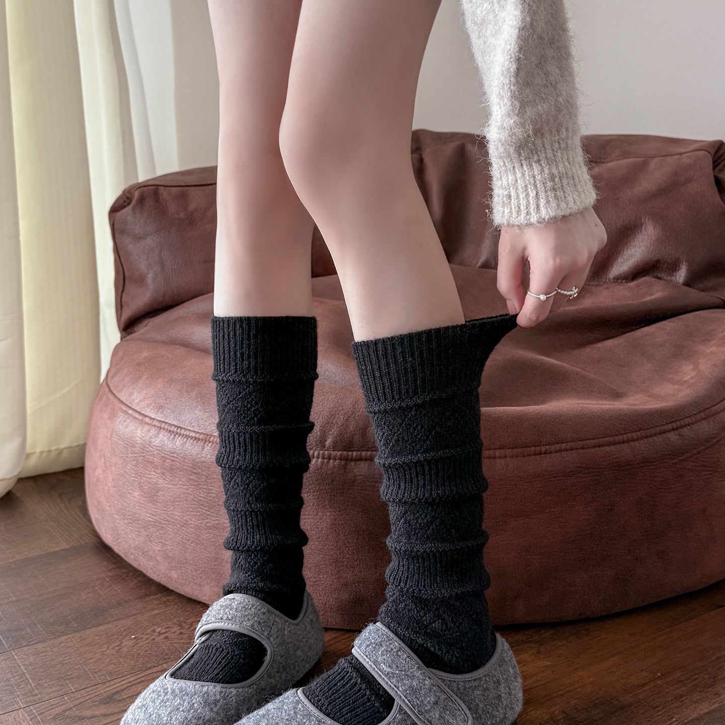 小腿袜子女秋冬加厚羊绒针织堆堆袜长袜菱格纹袜配勃肯鞋保暖袜