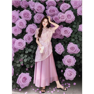 大码 裙夏季 胖mm漂亮改良旗袍碎花上衣半身裙两件套 国风套装 新中式