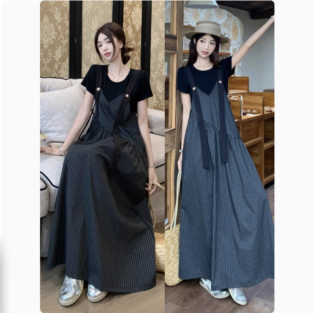 法式小众设计感条纹V领背带裤套装女夏季宽松气质休闲上衣两件套