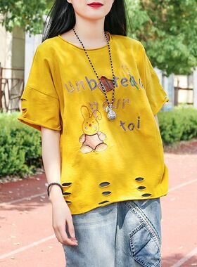 夏季新款纯棉文艺字母时尚短袖T恤韩版卡通刺绣卷边破洞休闲上衣