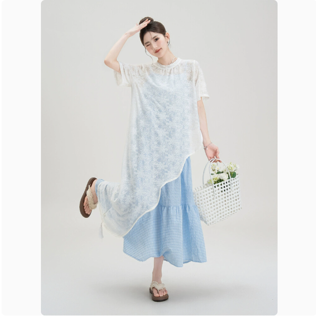 夏季新款蓝色复古格纹吊带连衣裙女叠穿风不规则薄纱蕾丝罩衫套装,女装/女士精品,时尚套装,淘宝优惠券,粉丝福利购,淘宝优惠卷
