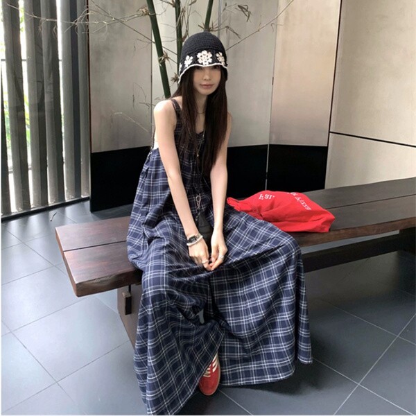 复古格纹吊带连体阔腿裤女夏季新