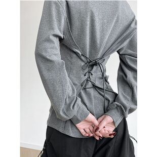 春季新款美式后绑带收腰V领纯色卫衣女士设计感修身显瘦长袖上衣