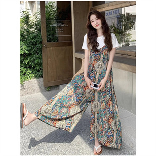 流行连体裤 复古日系波西米亚风拼色印花休闲百搭款 女 新款 2025夏季