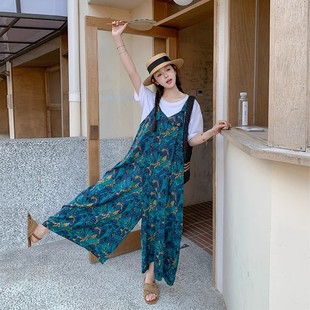 氣質(zhì)減齡吊帶褲 韓版 女夏季 寬松闊腿褲 裙 新款 多巴胺穿搭碎花背帶褲
