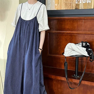 宽松休闲裙裤 夏季 女韩系阔腿吊带连体裤 复古蓝色条纹背带裤 潮 新款