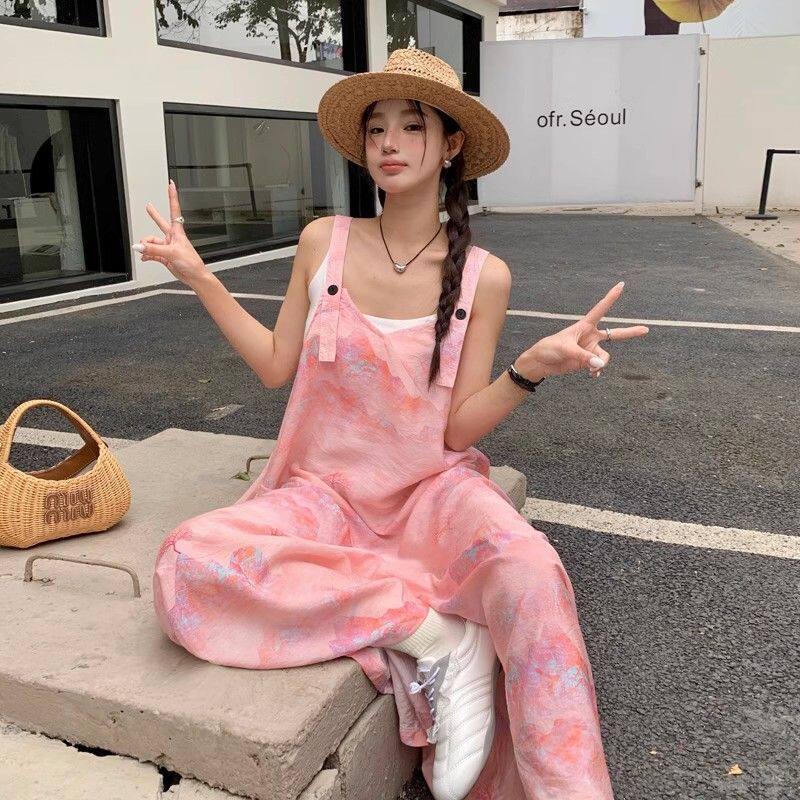 宽松慵懒休闲吊带连体裤女夏高腰显瘦时尚百搭国风印花背带阔腿裤