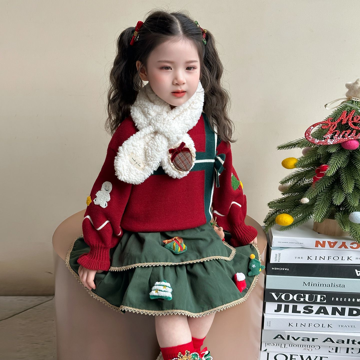 女童圣诞节儿童2025秋冬针织衫套装新款毛衣短裙圣诞洋气两件套