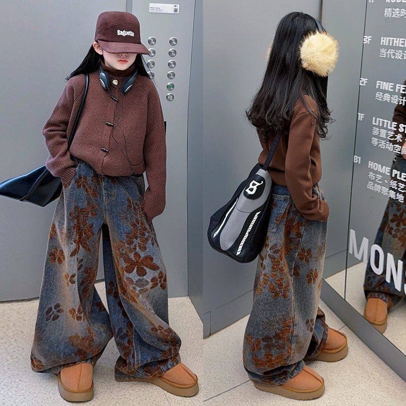 女童美式复古设计感印花弯刀牛仔裤2025冬季新款宽松阔腿牛仔裤