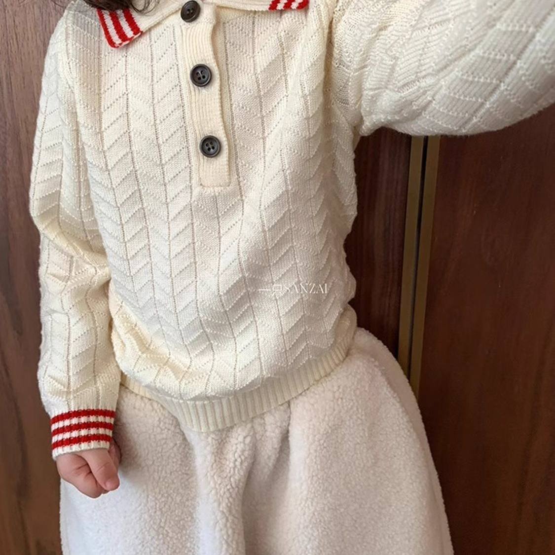 韩版女童2025秋冬新款米白色条纹翻领针织毛衣小女孩羊羔绒休闲裤