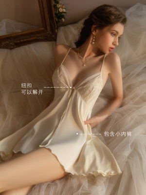 维多利亚法式性感睡衣女2025新款薄蕾丝火辣纯欲吊带真丝睡裙套装