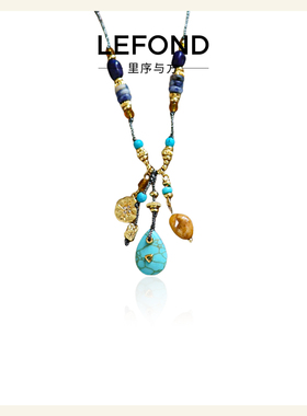 复古民族风黄玉松石编绳毛衣链