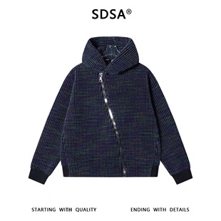 SDSA男士秋冬新款痞帅男装休闲彩色竖纹斜拉链连帽卫衣百搭时尚