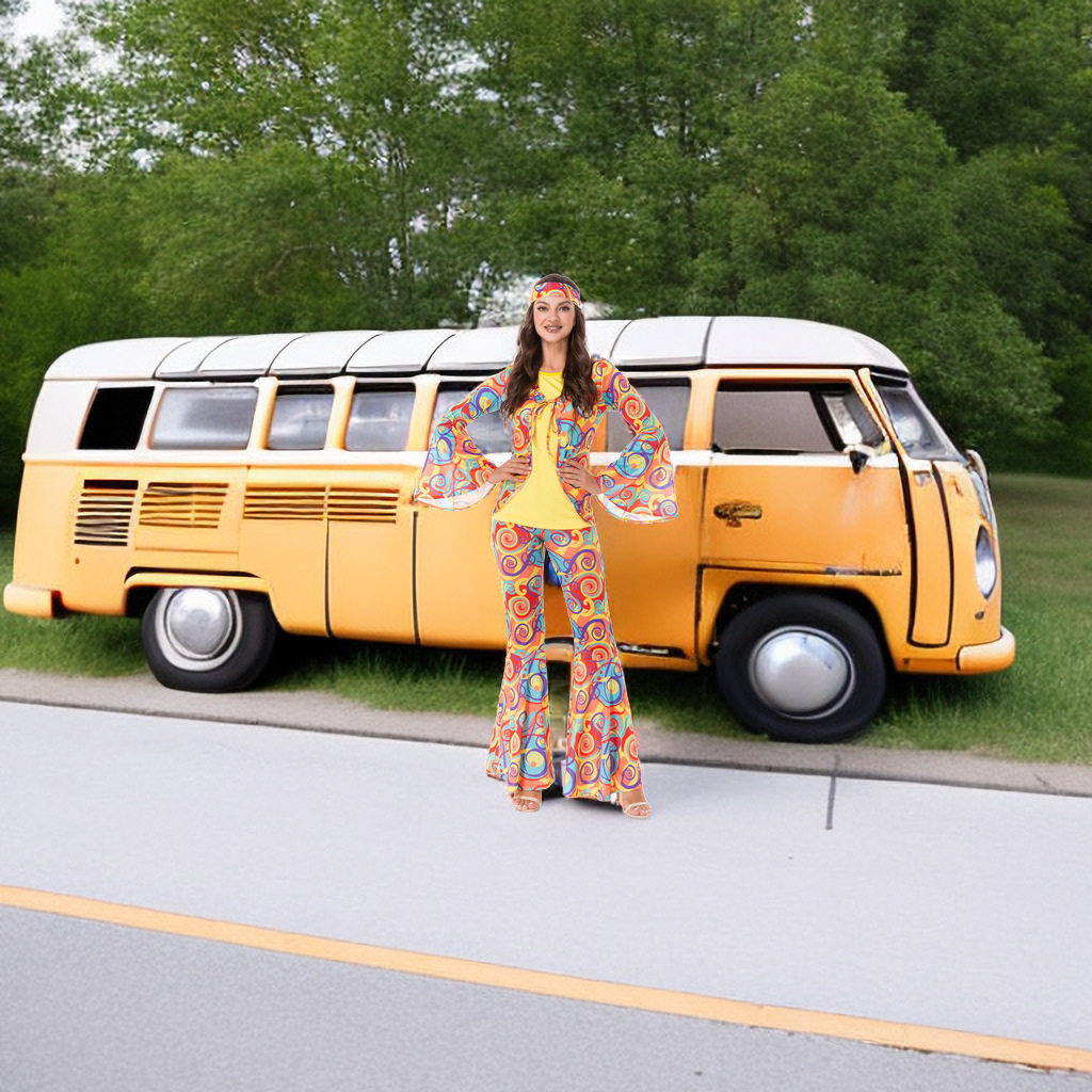 2024欧美跨境亚马逊爆款嬉皮士风格喇叭袖收腰喇叭裤头巾套装女装