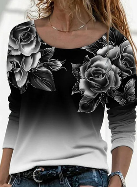 2022wish亚马逊ebay欧美新款长袖宽松圆领休闲套头印花T恤女