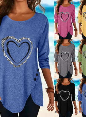 亚马逊ebay 2022欧美新款爱心印花不规则长袖纽扣t恤 跨境现货38