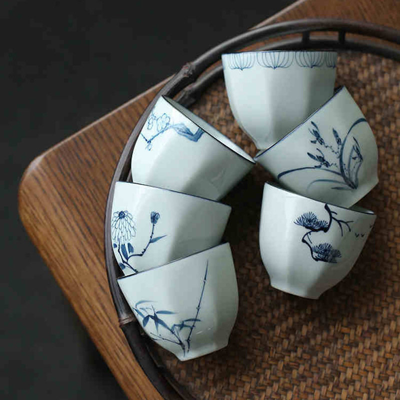 景德镇仿古釉手绘八角杯 仿古釉主人杯品茗杯功夫茶具六只装茶杯