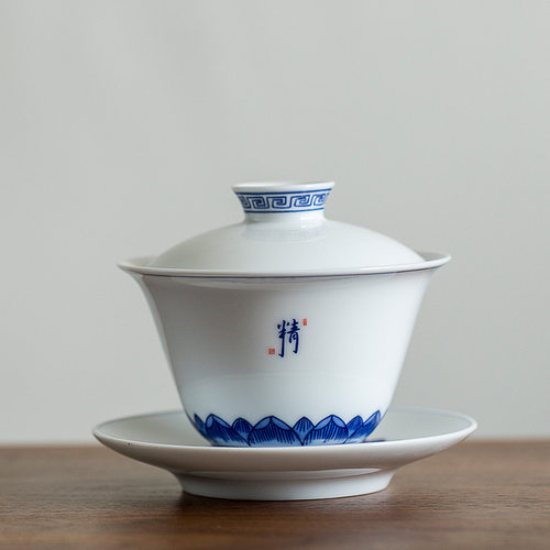 景德镇手工茶碗 大号青花陶瓷三才盖碗 甜白瓷功夫茶具茶杯泡茶碗