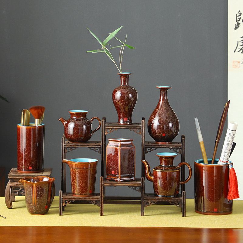 大元张金溪钧御南红茶道配件烟灰缸建水笔筒茶道六君子花瓶公道杯