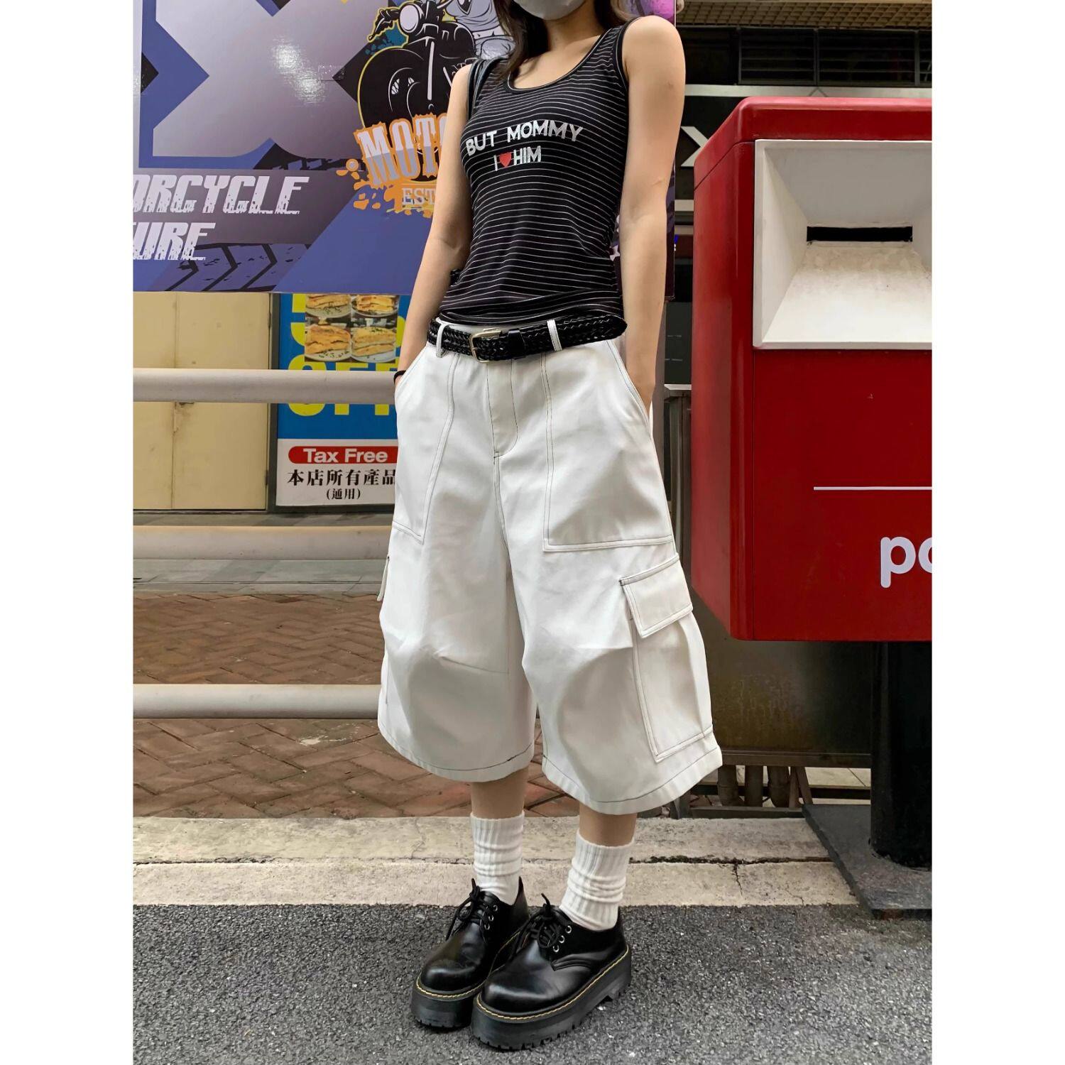 美式工装风大口袋七分裤女2026年夏季宽松直筒白色百搭牛仔中裤潮