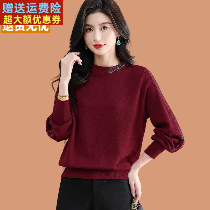 烫钻宽松毛衣女秋冬2025新款洋气妈妈外穿打底衫半高领羊毛针织衫