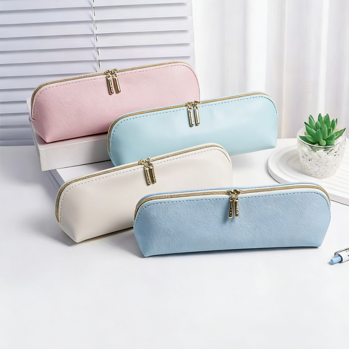 恒品简约马卡龙色笔袋女生高颜值 轻奢 PU皮质学生文具收纳铅笔盒