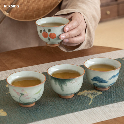 pursing手绘冰裂荷花茶杯釉下彩陶瓷品茗杯家用功夫喝茶碗礼盒装