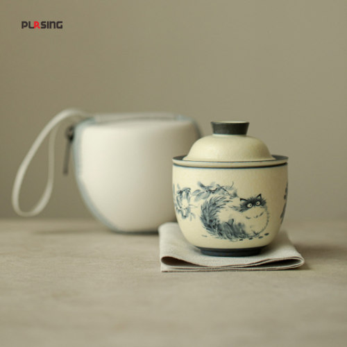 pursing 户外便携旅行茶具套装猫咪一人饮快客杯功夫茶具陶瓷伴手