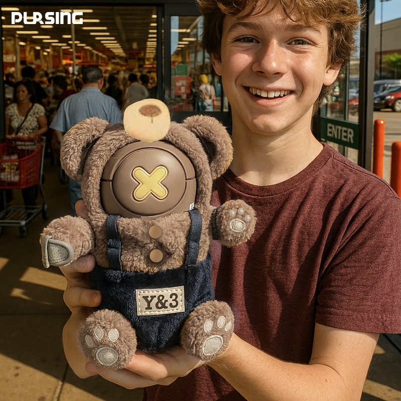 可爱毛绒仔仔小熊斜跨儿童保温杯