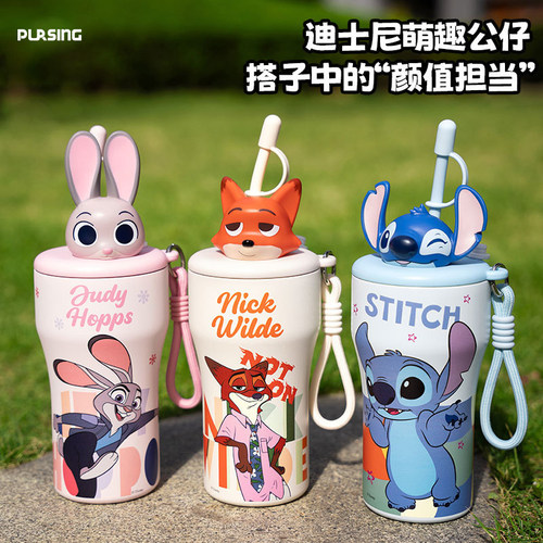 普升pursing疯狂动物城保温杯朱迪尼克史迪仔卡通316不锈钢吸管杯