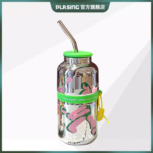 普升PURSING 玻璃杯镜面高颜值大容量吸管杯办公家用简约英文水杯