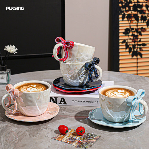 pursing炫彩珠光釉蝴蝶结水杯碟高颜值女生杯子陶瓷马克杯伴手礼
